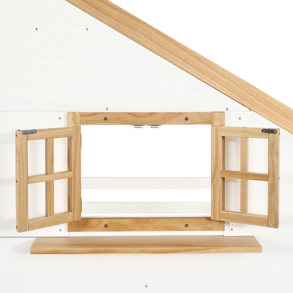 Letto a castello per bambini 90 × 200 cm con scala contenitore in legno bianco e naturale con cassetti e finestra apribile