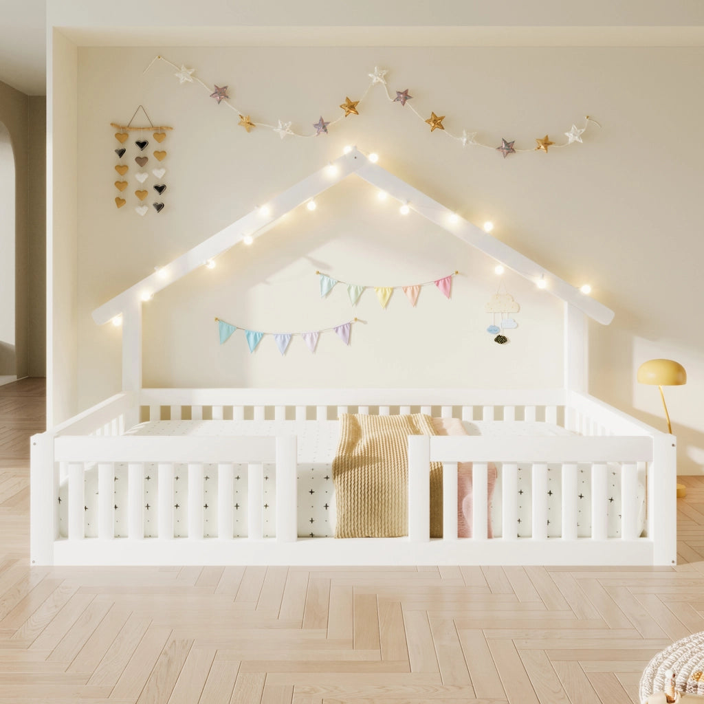 Desviae Letto per bambini a casetta 90 × 200 cm con sponde di sicurezza e LED a luce calda in legno bianco