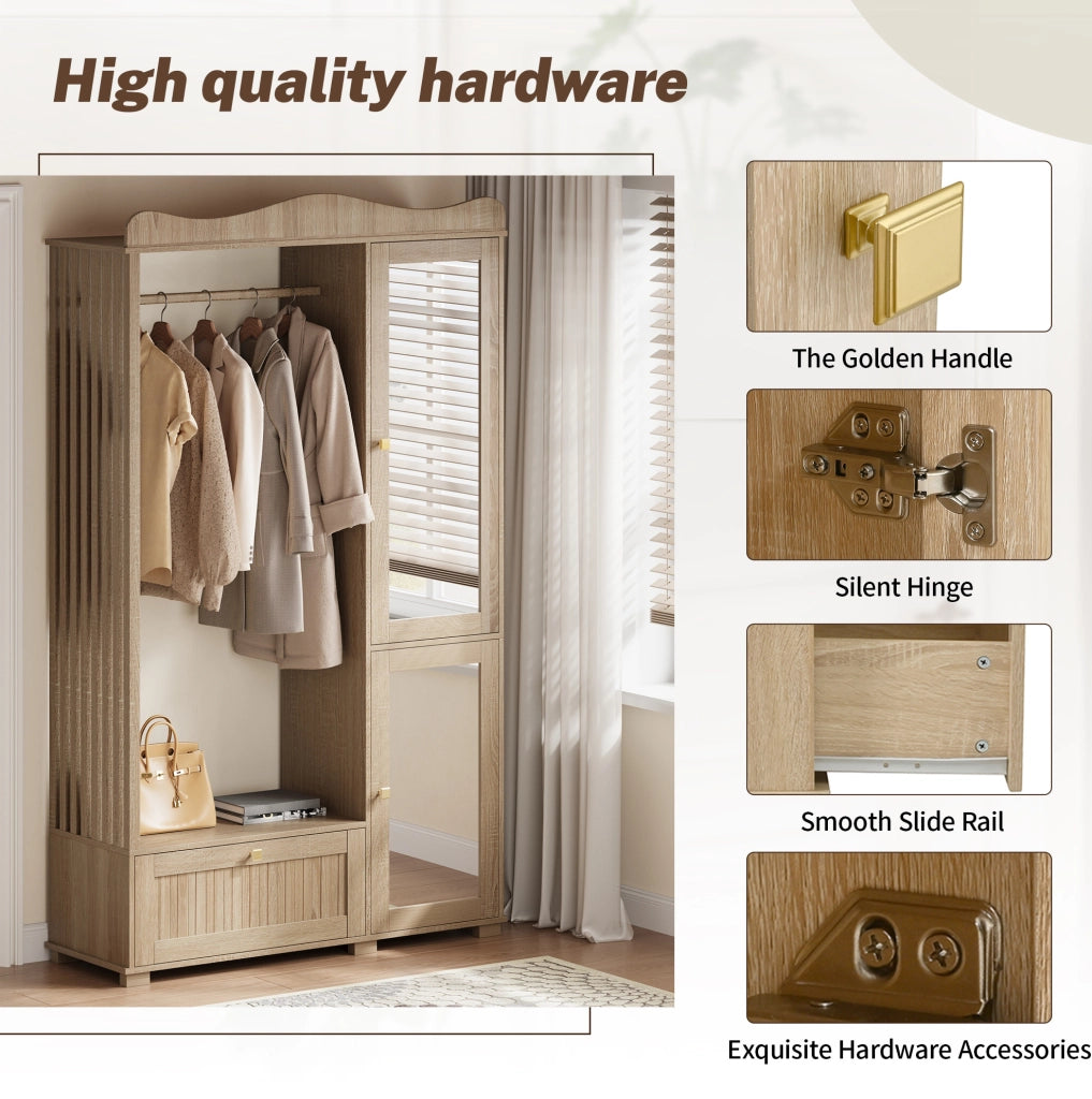 Guardaroba Aperto con Specchio a Figura Intera, Mobile con 2 Ante e Cassetto in MDF Colore Quercia, 115,5x38,5x194,5 cm