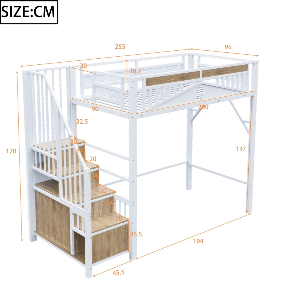 Letto a castello alto in metallo 90x200 cm con recinto di sicurezza a finestra e scala con armadietto, bianco