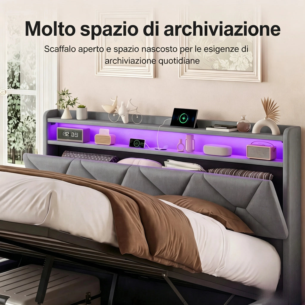 Letto matrimoniale 160x200 cm con contenitore LED USB Type-C testiera rete a doghe tessuto - grigio