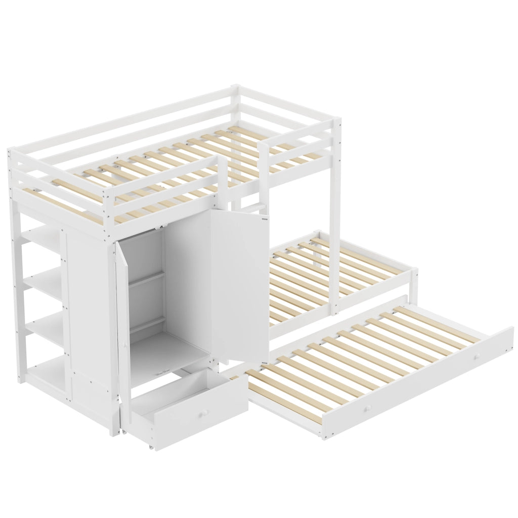 Letto a castello in legno massello 90x200 cm con letto estraibile, armadio integrato e cassetti, bianco