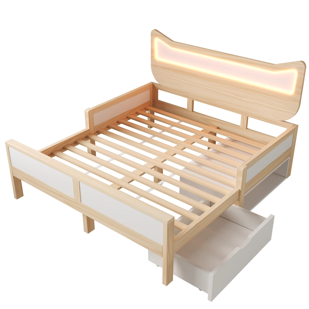 Letto 140x200 con LED RGB e Testiera a Forma di Gatto; Struttura in Legno Bianco e Rovere con Cassetti Reversibili