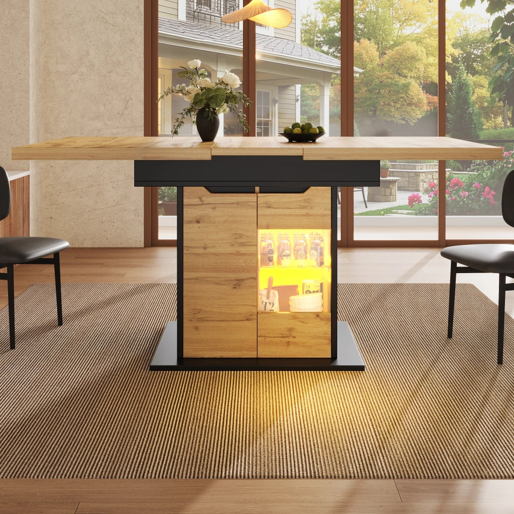 TAVOLO da pranzo allungabile 110-140x80 cm MDF Vetro Nero+Naturale