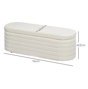 Panca da letto con contenitore in Teddy-Fleece crema 116x41x40,5 cm, struttura in legno di eucalipto, portata 120 kg