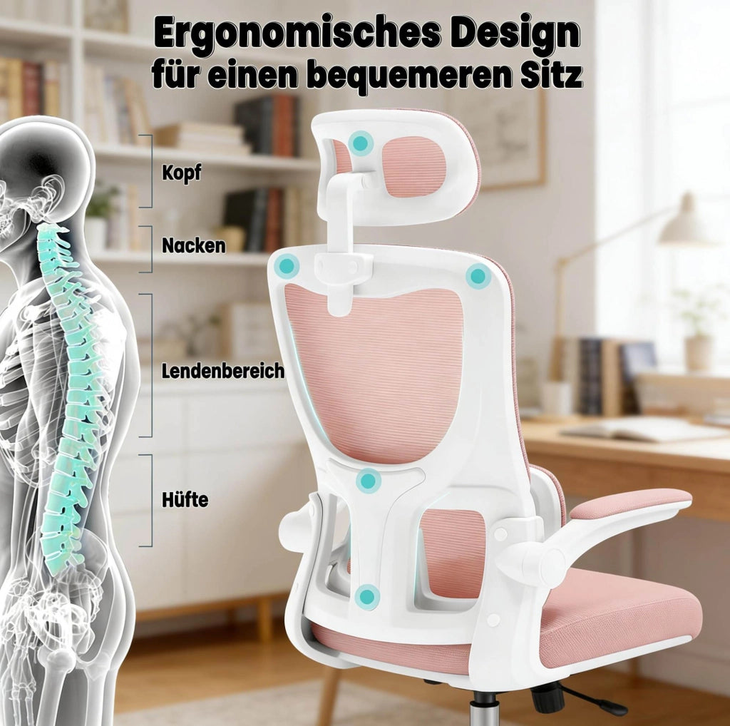 Sedia da ufficio ergonomica rosa con rete e ruote