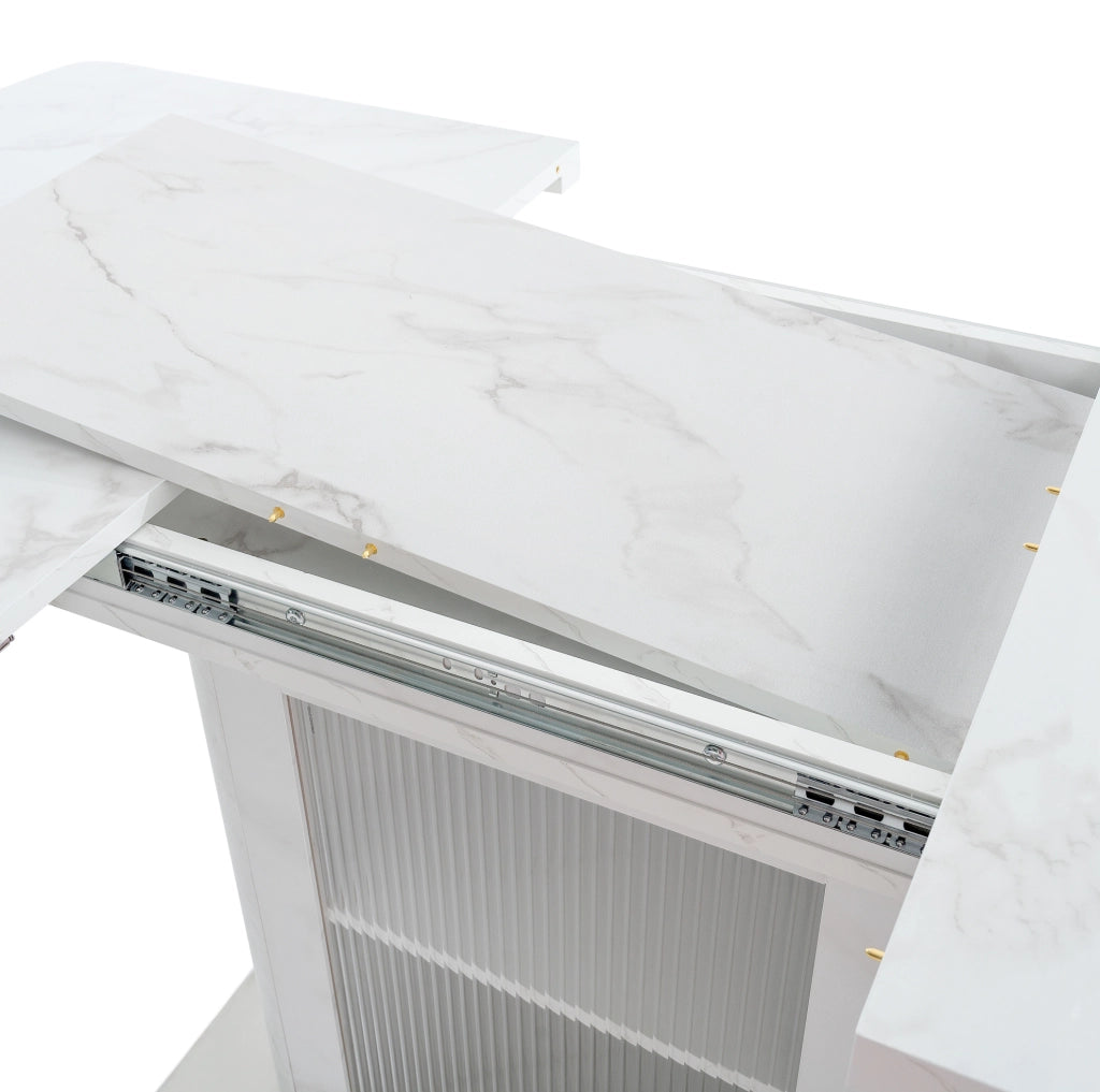 Tavolo da pranzo allungabile 120-160x80 cm con mobile contenitore; MDF e acciaio; bianco
