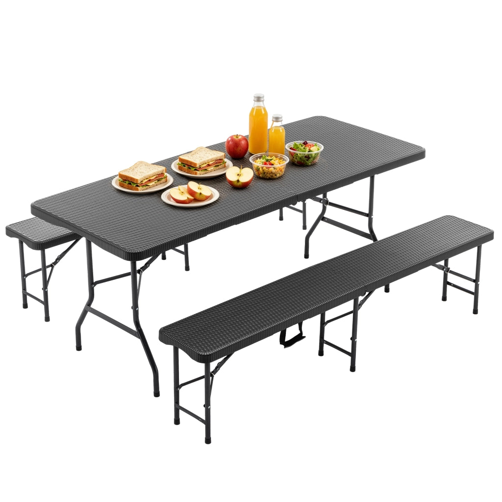 Set Tavolo Picnic Pieghevole con 2 Panche ¨C MINIMAL ¨C 3 Pezzi, HDPE, Nero, 182cm