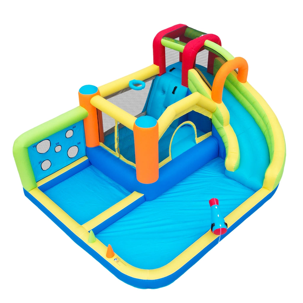 Ganzjähriger Spielspaß – Multifunktionaler Wasserpark + Trampolinpark für Kinder mit Wasserrutsche, Wurfpunktwand, Basketballkorb, Kletterwand & 450W-Gebläse