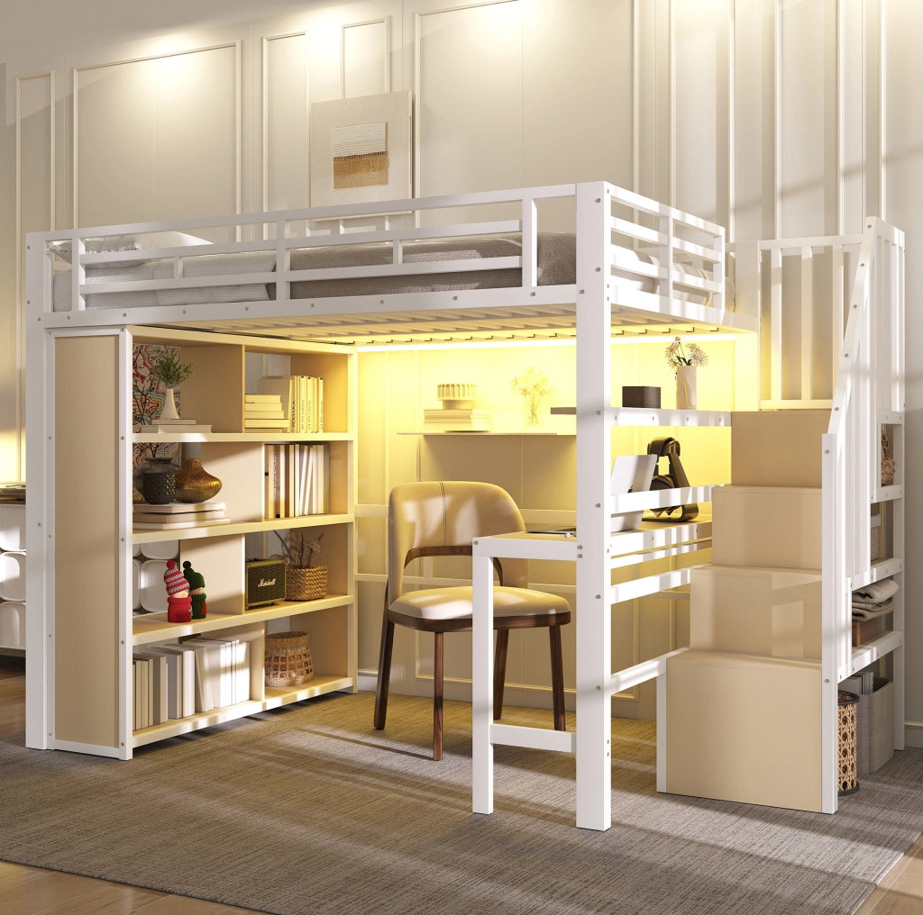 Letto a soppalco 140x200 cm con scrivania; scaffali; scala contenitore e LED bianco HOMVRA