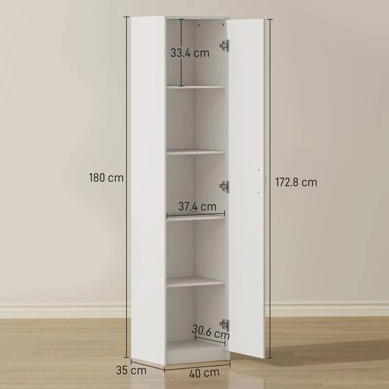 ARMADIO DA CUCINA SLIM A 5 RIPIANI CON SPAZIO INTERNO REGOLABILE, IN LEGNO, 40X35X180 CM, BIANCO