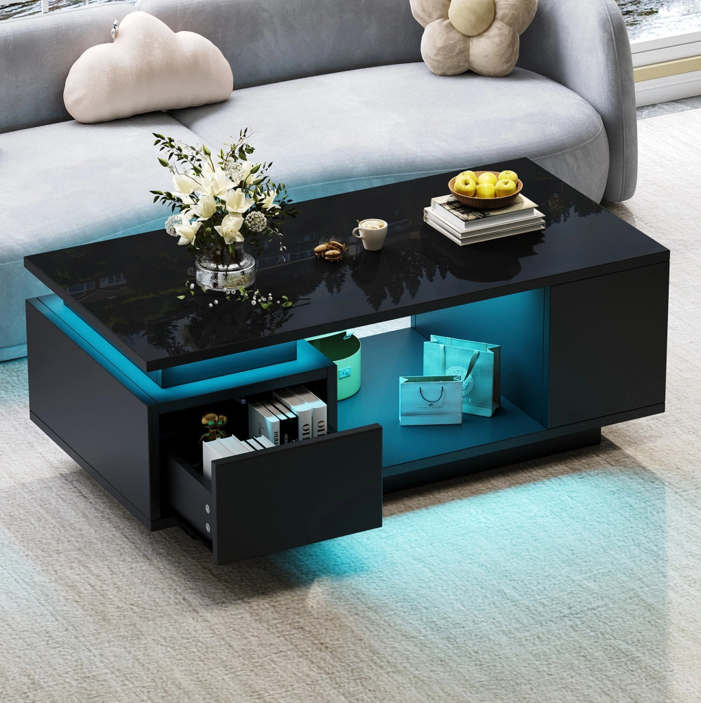 Tavolino da caffè 100x50 cm nero lucido con LED; cassetto e vani laterali HOMVRA