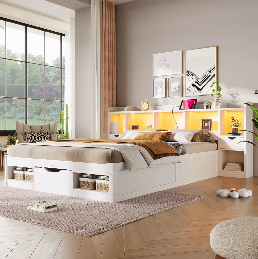 LETTO a Piattaforma 140x200 cm con Vani e Cassetti MDF Bianco