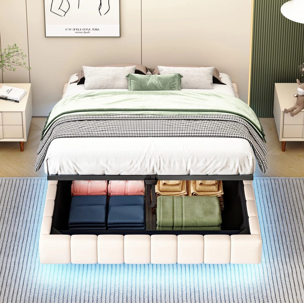 Letto imbottito 140x200 cm con contenitore; LED regolabile e struttura effetto sospeso beige