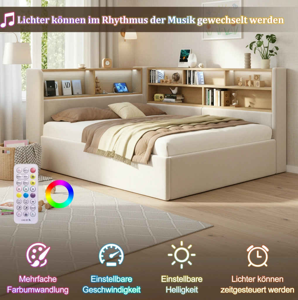Letto imbottito beige con vano contenitore, LED e ricarica