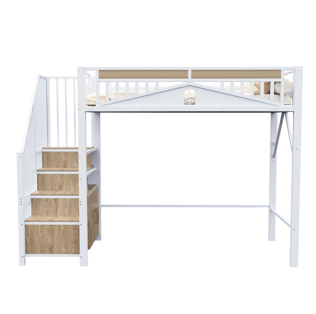 Letto a castello alto in metallo 90x200 cm con recinto di sicurezza a finestra e scala con armadietto, bianco