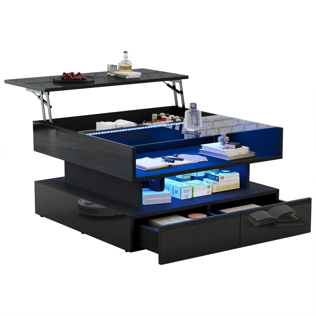 TAVOLINO da caffè 80x80x45 cm nero con LED e 2 cassetti