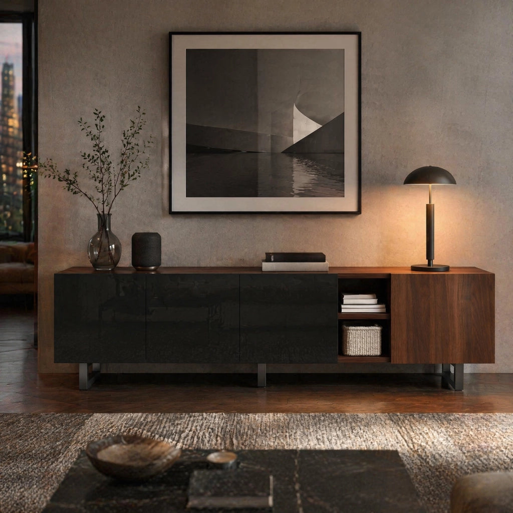 Mobile TV moderno con ante lucide nere e finitura effetto legno, 180 x 38 x 50 cm