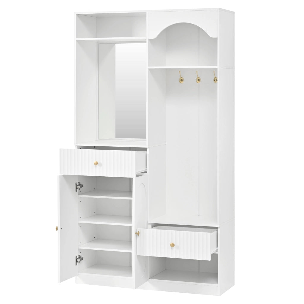 Mobile da ingresso con specchio, panca, ganci, LED, 2 ante, cassetti e ripiani regolabili, in MDF bianco, 100 × 35 × 180 cm