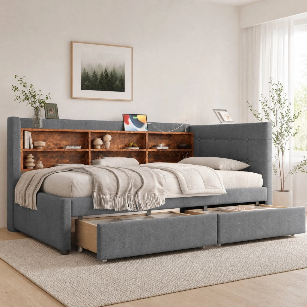 Letto singolo 90x200 cm grigio con 2 cassetti, USB, Type-C e ripiani