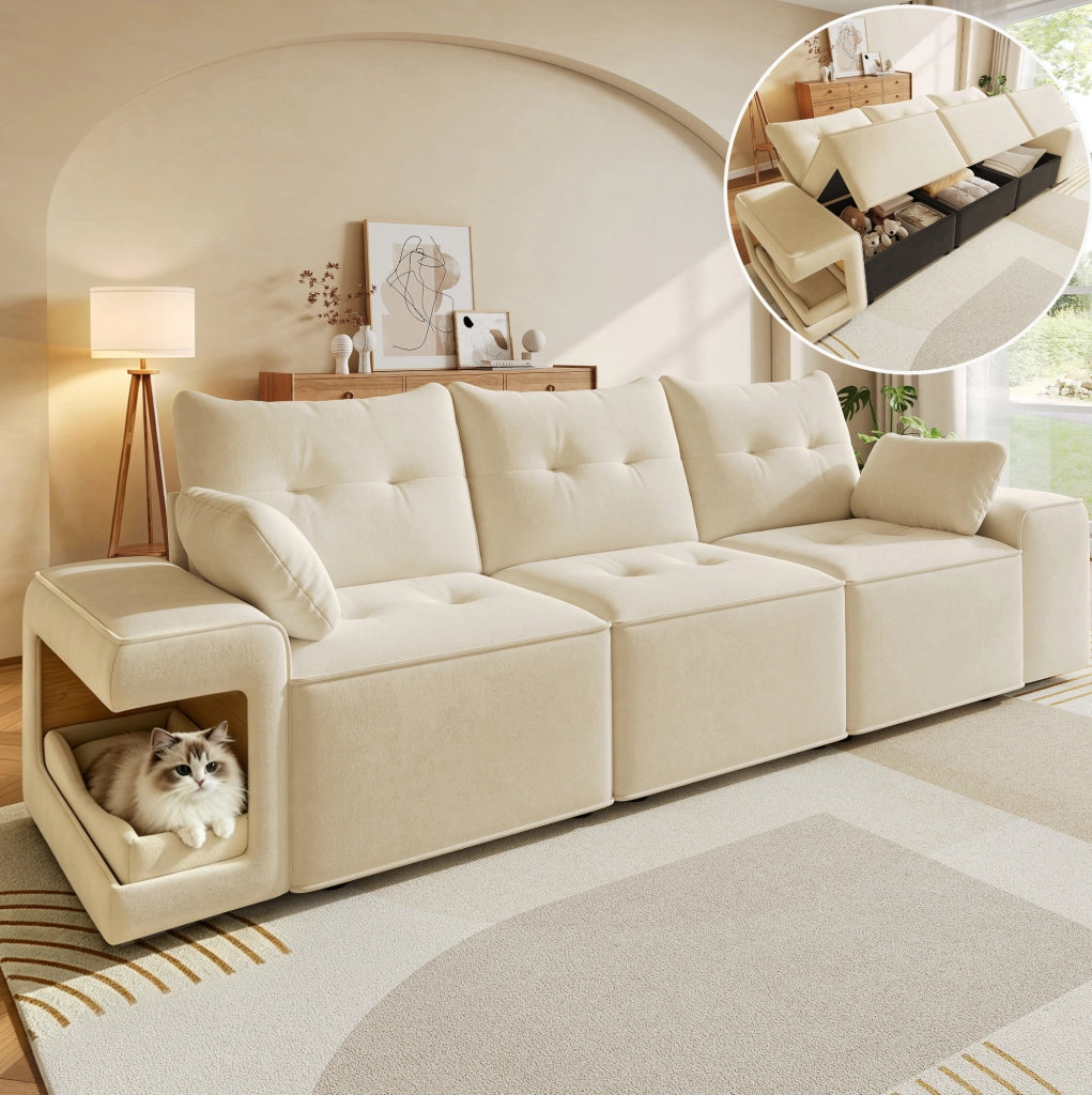 Divano modulare 3 posti in velluto beige con braccioli larghi, area per animali integrata, spazio contenitore e due cuscini