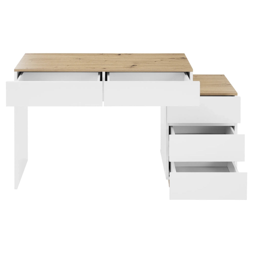 Scrivania con 5 cassetti, tavolo da trucco, funzione contenitore, per camera da letto, truciolato E1, bianco+quercia