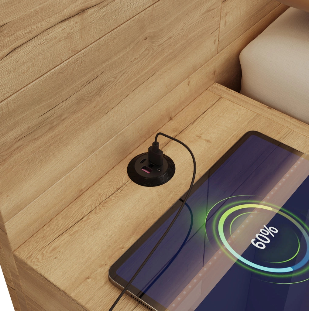 Letto contenitore con comodini integrati, illuminazione LED e ricarica USB