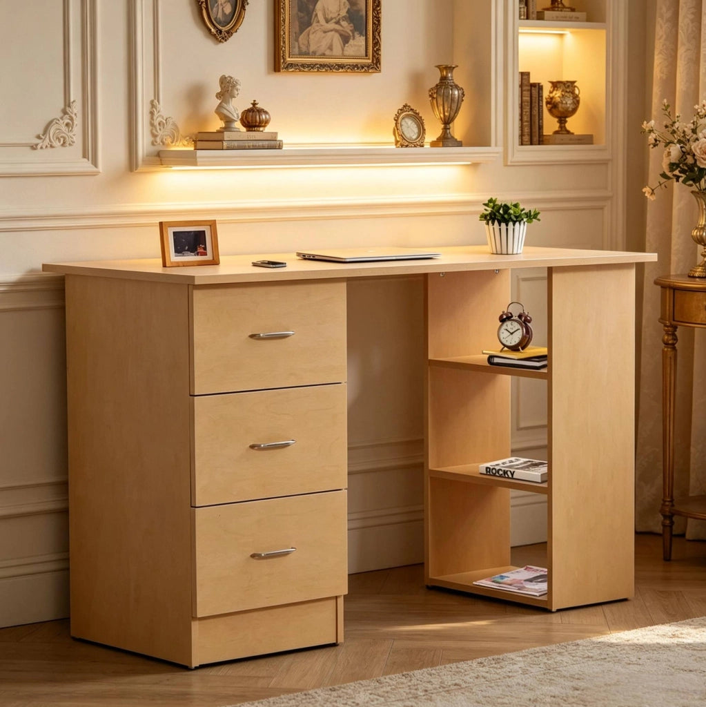 Scrivania per computer in MDF effetto legno chiaro con 3 cassetti e 3 ripiani aperti, 120x49x72 cm