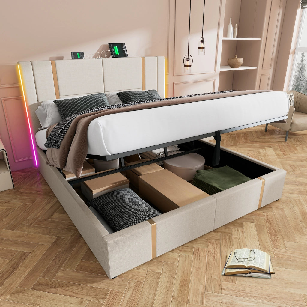 Letto Contenitore 160x200 cm; Letto Matrimoniale - USB; Type-C; LED - in Lino Beige