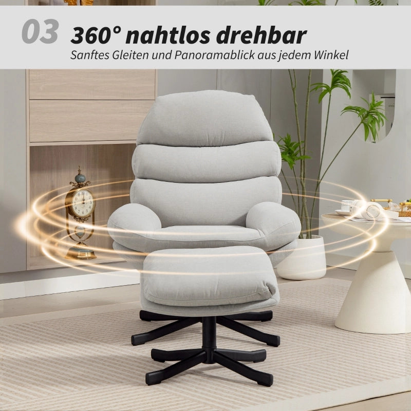 Fauteuil con pouf girevole a 360° con schienale alto e seduta ampia in tessuto chenille bianco crema
