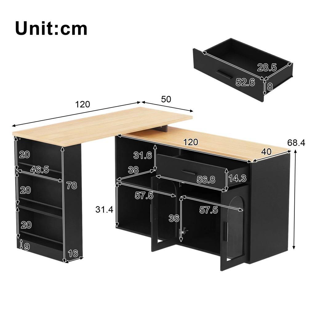 Isola da cucina 136x50x78 cm con piano girevole a 360°; MDF nero e naturale