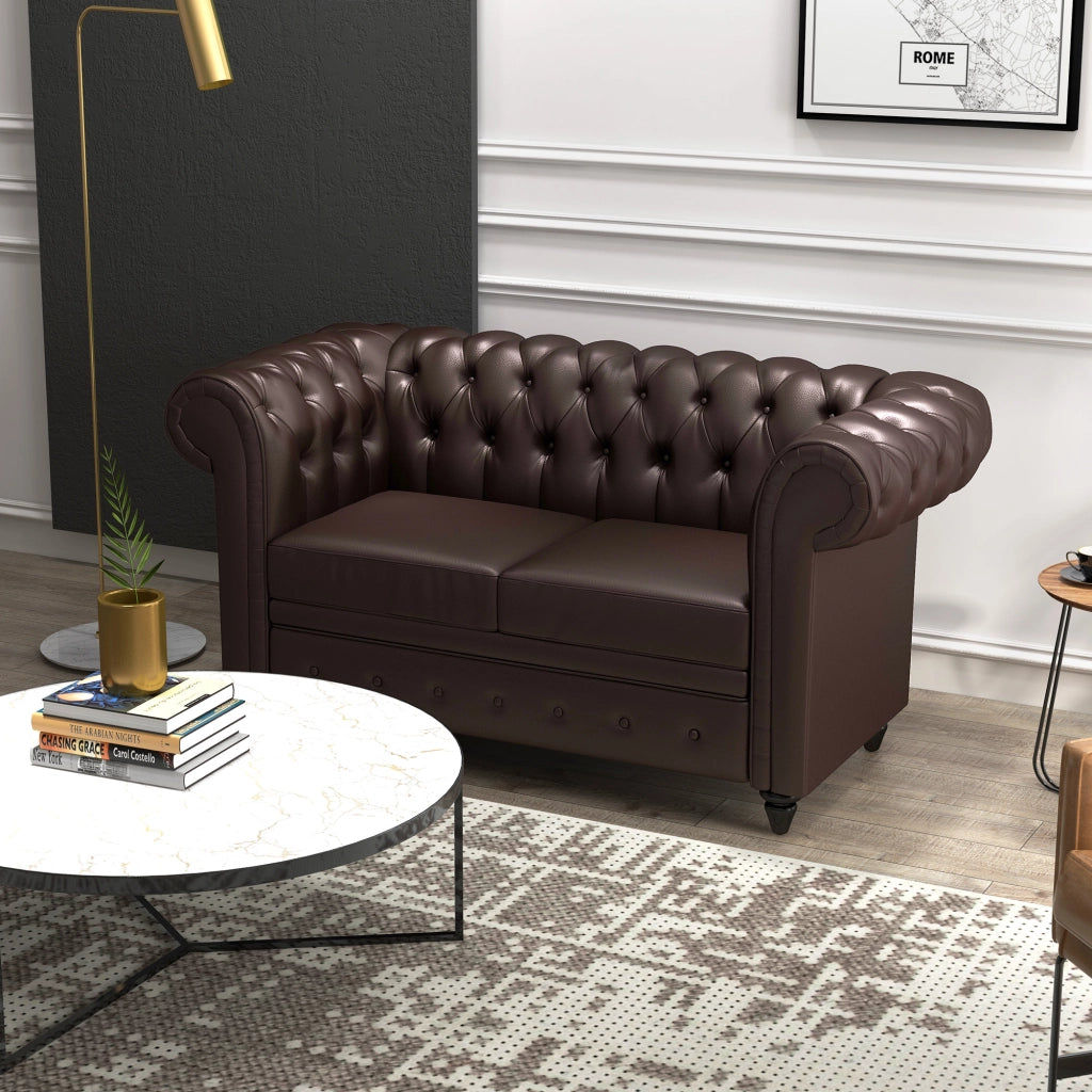 Divano 2 Posti Chesterfield in Ecopelle con Cuscino Rimovibile ¨C Minimal ¨C 160x84x80 cm Marrone