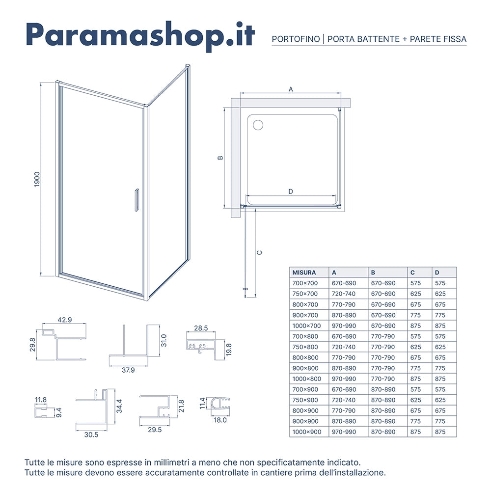 Box doccia slim 80x100cm con apertura a battente e parete fissa profili nero opaco e vetro 6mm trasparente h190| Portofino
