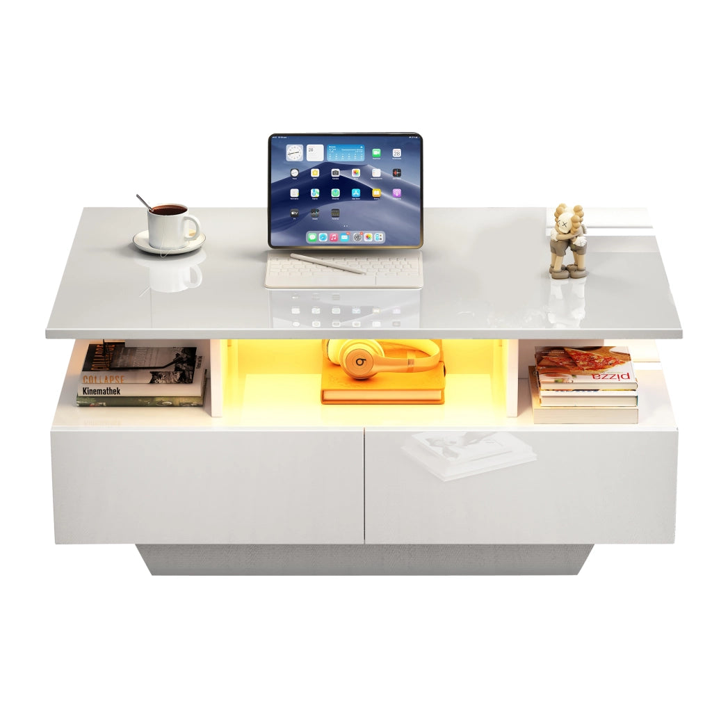 Tavolino da salotto bianco con illuminazione LED 90 x 55 x 41 cm in pannello truciolare con 2 cassetti