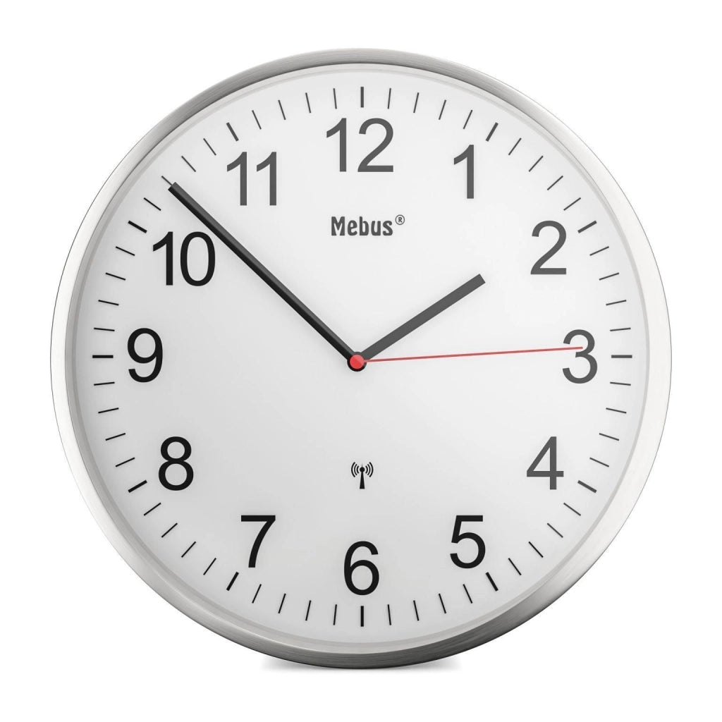 Mebus 19411 Orologio da Parete Radiocontrollato Diametro 30 cm con Quadrante Bianco e Lancetta dei Secondi Rossa colore Argento