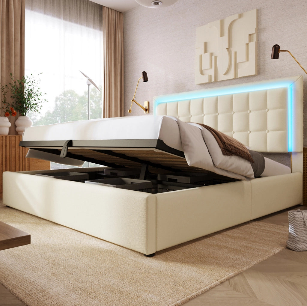 Letto matrimoniale imbottito 180x200 cm con rete a doghe, contenitore e striscia LED bianca in ecopelle senza materasso