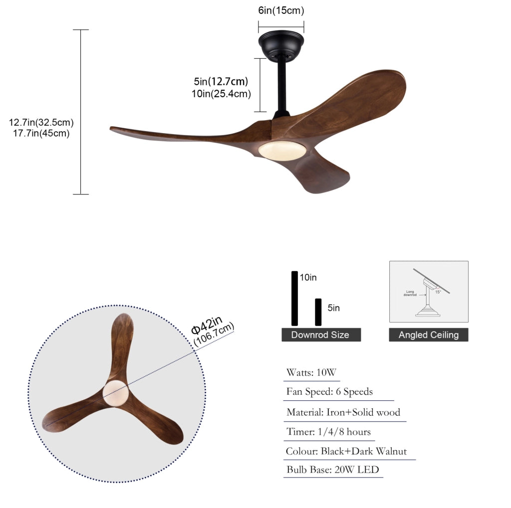 Ventilatore da soffitto in legno massello da 42 pollici con illuminazione LED dimmerabile e telecomando, 3 pale, 6 velocità, per soggiorno e camera da letto