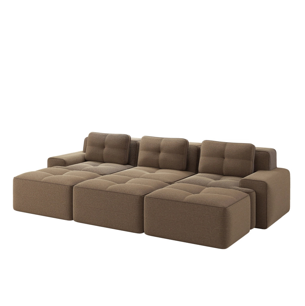 Divano angolare modulare in morbido tessuto a coste con funzione letto e 3 pouf, 3 posti, colore marrone