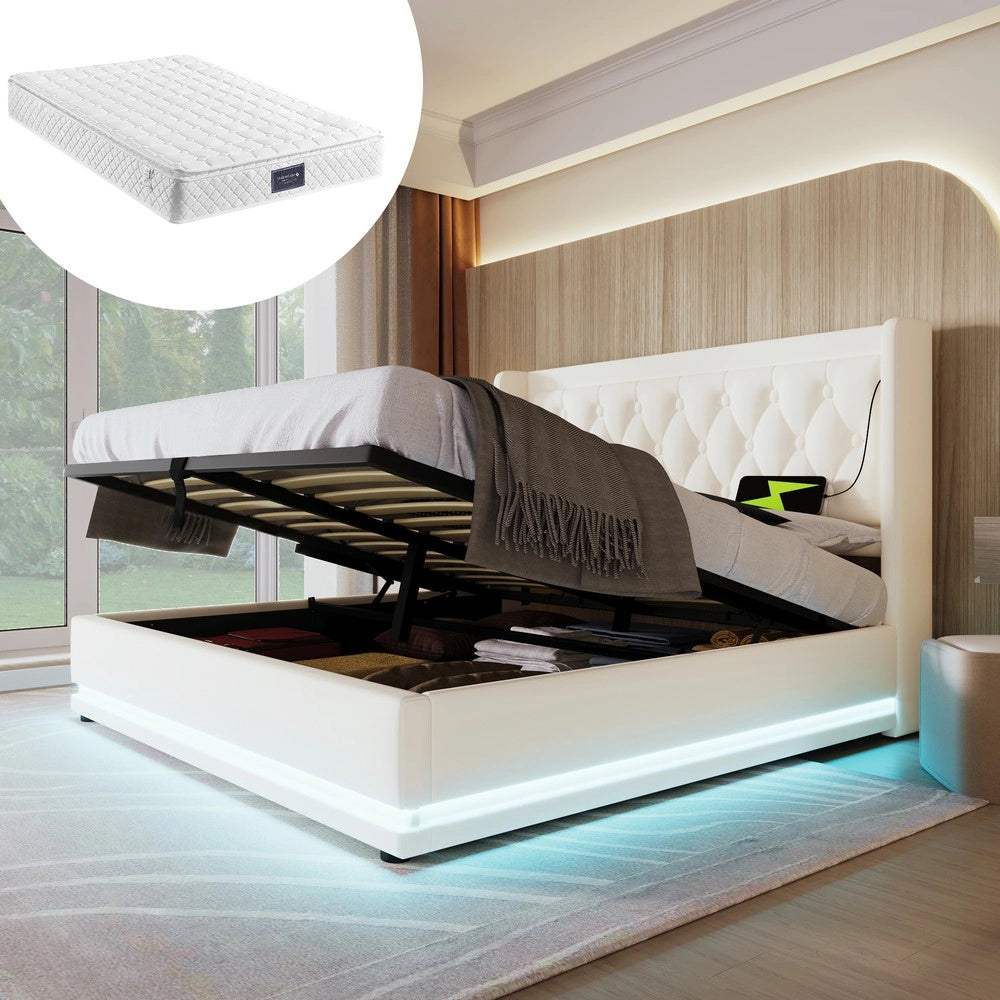 Letto Contenitore Imbottito Matrimoniale LED con USB ¨C MINIMAL ¨C Bianco, 140x200, Idraulico