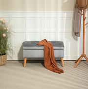 Panca con Contenitore in Tessuto Vellutato Grigio 102x35x43 cm con Gambe in Legno di Gomma