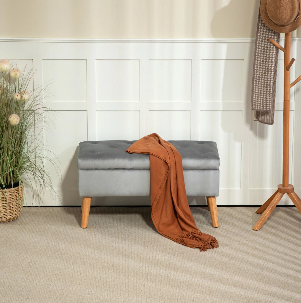 Panca con Contenitore in Tessuto Vellutato Grigio 102x35x43 cm con Gambe in Legno di Gomma