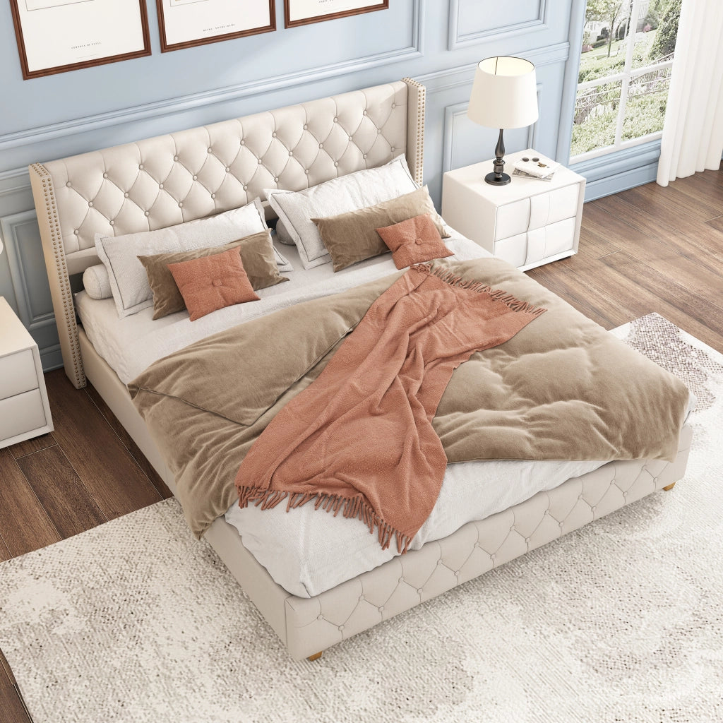 Letto matrimoniale imbottito in lino 160 x 200 cm, letto matrimoniale, testiera trapuntata a bottoni e borchie decorative, piedi in legno, beige