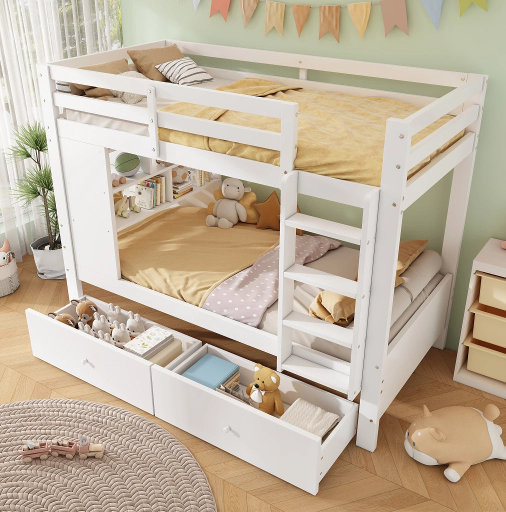 Letto a castello per bambini 90x200 cm con 2 cassetti; scaffale e scala; bianco