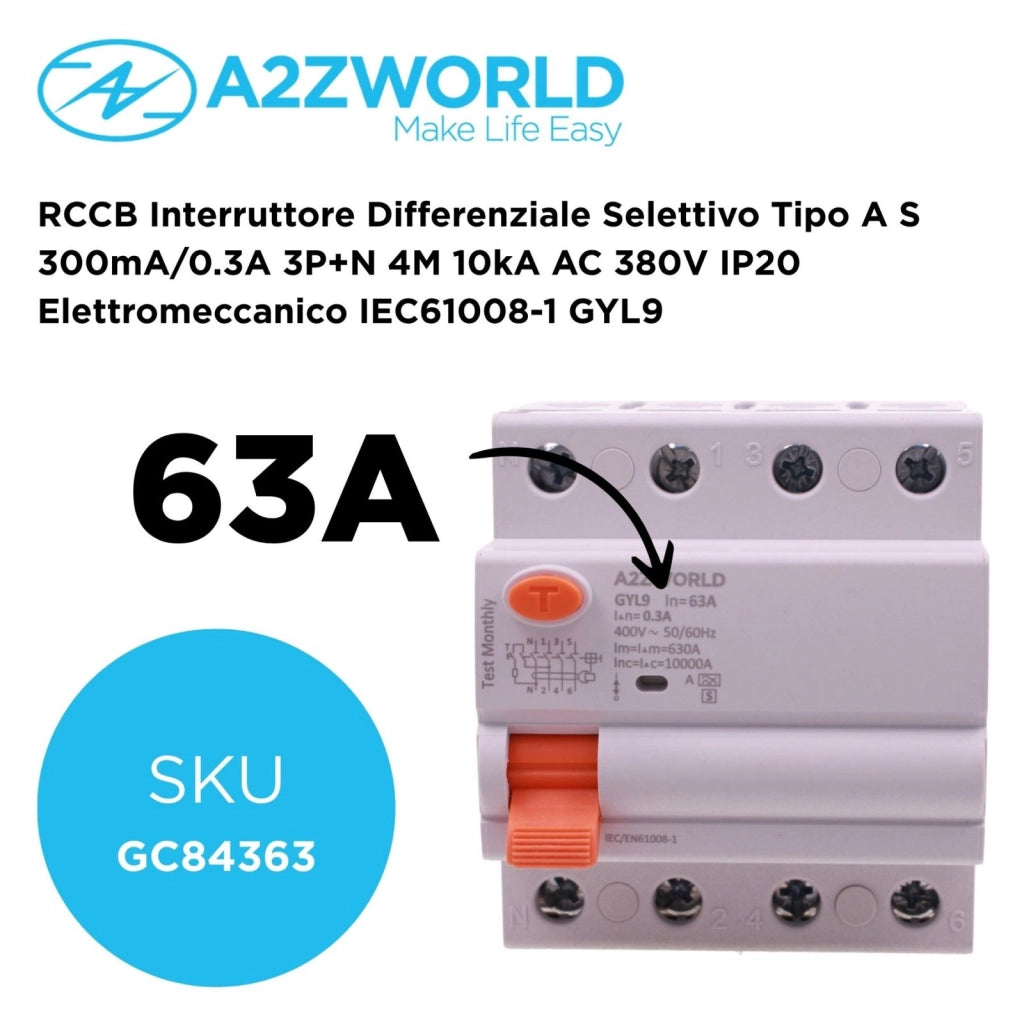 RCCB Interruttore Differenziale Selettivo Tipo A S 300mA/0.3A 3P+N 4M 10kA AC 400V IP20 Elettromeccanico IEC61008-1 GYL9, Corrente Disponibili 40A 63A 100A (63A)