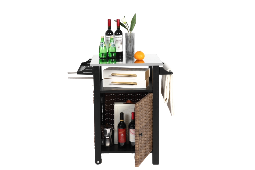 Carrello da cucina con ruote, anta, cassetto e ripiani, portabicchieri, per esterno, in acciaio e rattan, marrone