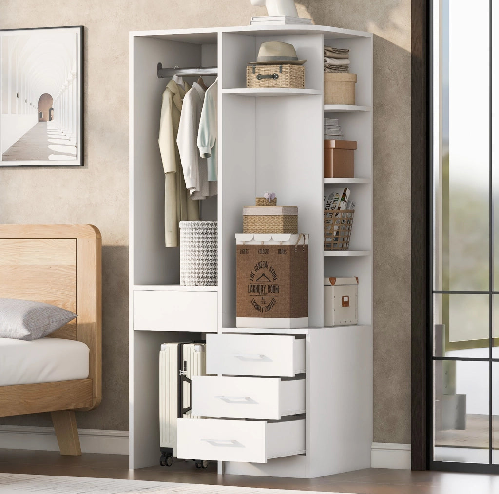 Armadio bianco 70x55x175 cm con ripiani multipiano e appendiabiti ampio