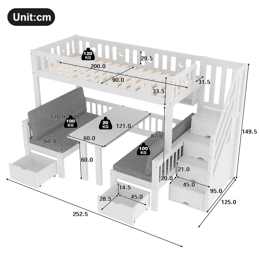 Letto a Soppalco 90x200 cm in Legno di Pino con Scrivania; Scaffali; Sponde di Sicurezza; Scala; Bianco