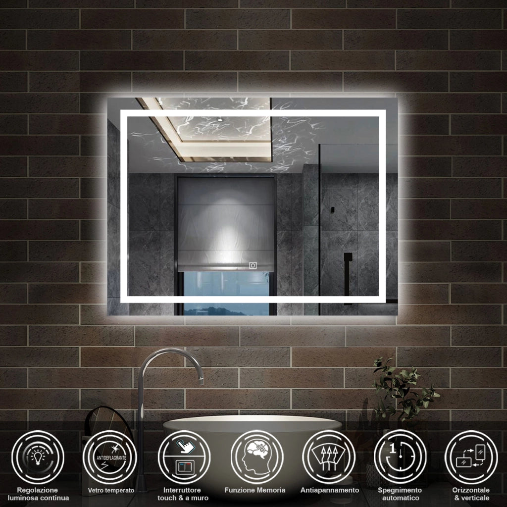 specchio rettangolare 100 x 60 cm con luce led antiappannamento e touch
