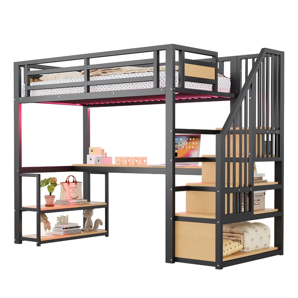 Letto a Soppalco in Metallo con LED, Presa, Ripiani e Tavolo ¨C Xylo ¨C Nero 90x200
