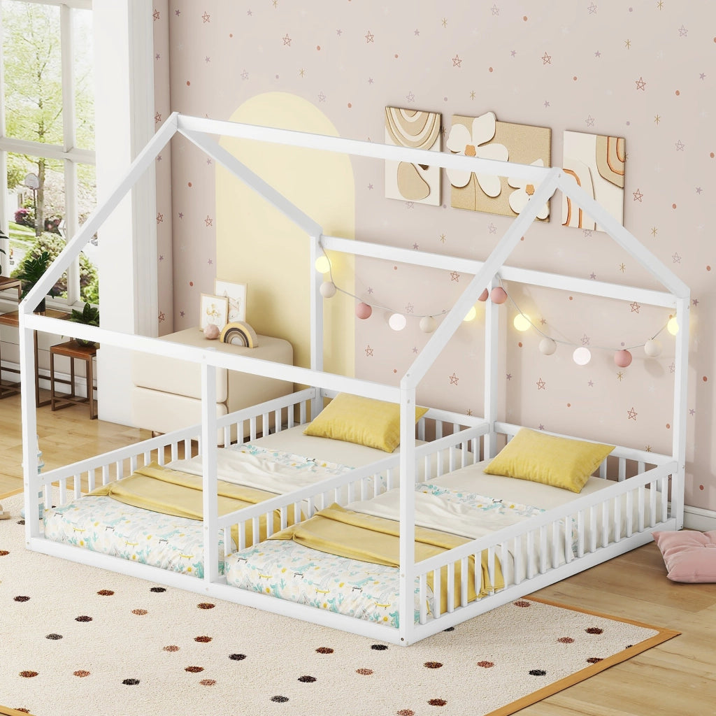 Letto a casetta per bambini 90 × 200 cm e 90 × 200 cm 2 posti con barriere; senza materasso; bianco